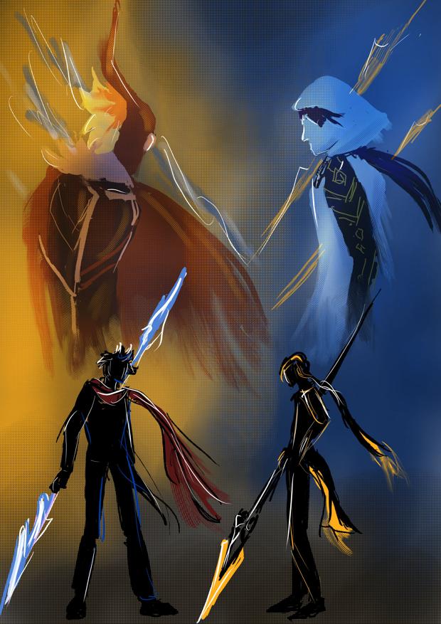 A digital sketch depicting two pairs of men, the background in colour, the foreground mostly silhouetted. The first pair is a man in horned mask and a hooded men, and the second pair is men holding spears, one has an accent on his scarf, other on the tails of his coat and ends of his ponytail.