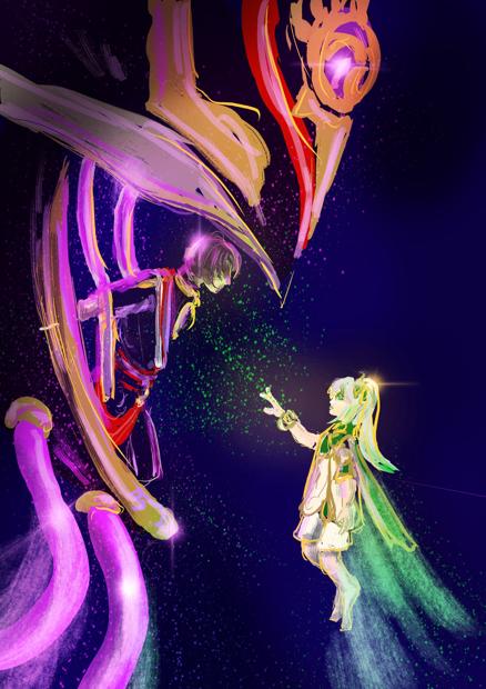 A digital drawing of a young man (Scaramouche from Genshin Impact) in an opened top of a giant mecha robot, opposed by a young girl (Nahida from Genshin Impact) floating in the air. The image is seen from the side, the robot is on the left, only its head is visible. In the head's opening, the young man is standing, his hands stretched behind him, two tubes with bright magenta fluid attached to his back. He is slightly tilted forward. He wears a dark shirt with elbow-length sleeves and dark shorts, with red and magenta accents. His dark hair is roughly chin-length. The girl is floating slightly below on the right. She wears a short cream and green dress, a green cloak and white shorts. Her right hand is extended upward and towards the other person. Her white hair with green tips is pulled into a side-ponytail on our side. Her feet are bare. Some green sparkles are emitted toward the young man, and some are forming her trace in the air. The mecha has red and gold decorations on top, with some sort of emblem in the centre of its forehead. There are more tubes with magenta liquid below the head.