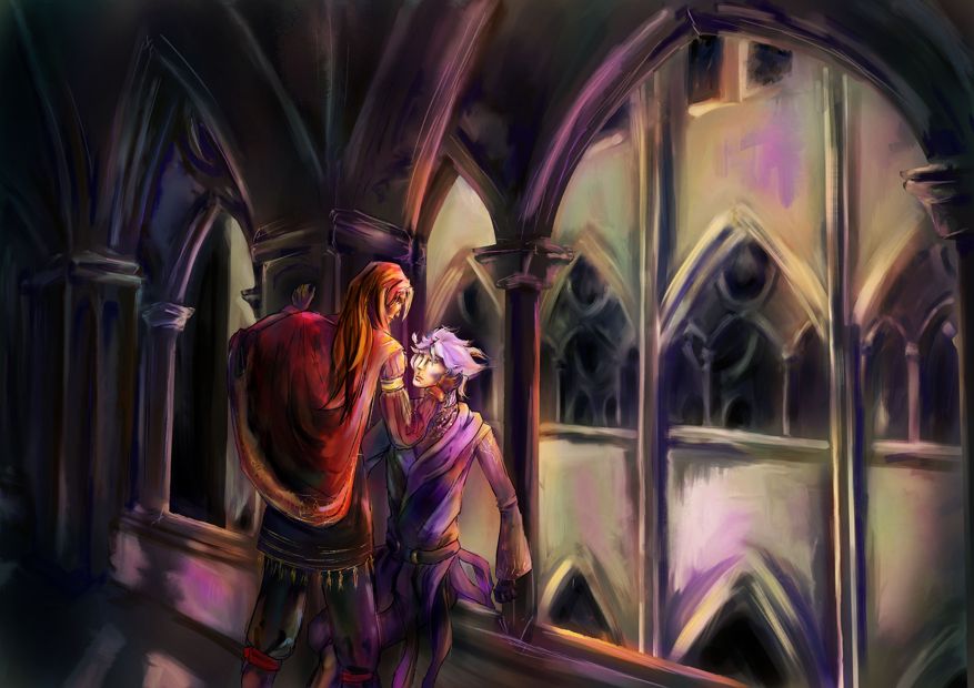 A digital painting of a couple of young men in fancy attires on a gallery of a gothic building. The left one (Jamil from Twisted Wonderland) is standing with his back towards us. He has bronze skin, his hair is dark straight and long, he wears a red waste-length cape covering his back, dark tunic, knee-length breeches and stockings. He is bent slightly towards another person, left hand resting on a column around his head level, right hand holding another man by his chin. The other man (Azul from Twisted Wonderland) is sitting on the window's edge, facing the other man. He has pale skin, short wavy lilac hair, he wears a dark suit with the skirt of the jacket styled as tentacles. The atmosphere is sunset-lit and romantic. They are looking at each other.
