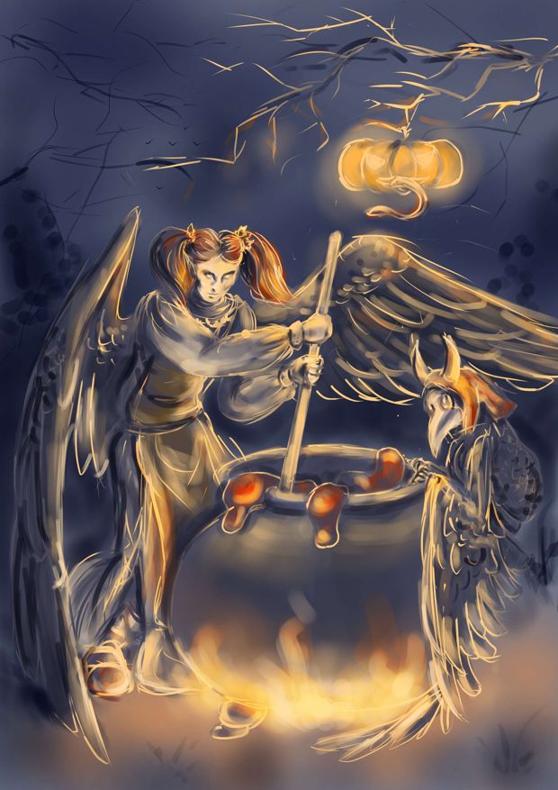 A digital painting of a night scene. A winged girl stirs some potion in a huge cauldron, a strange bird is sitting on its edge, a pumpkin with a snake in it hangs over the girl. The girl has red hair in twin pigtails, she stands to the left of the cauldron, one of her wings spread above it, she is stirring vigorously. The potion is going to escape the cauldron.