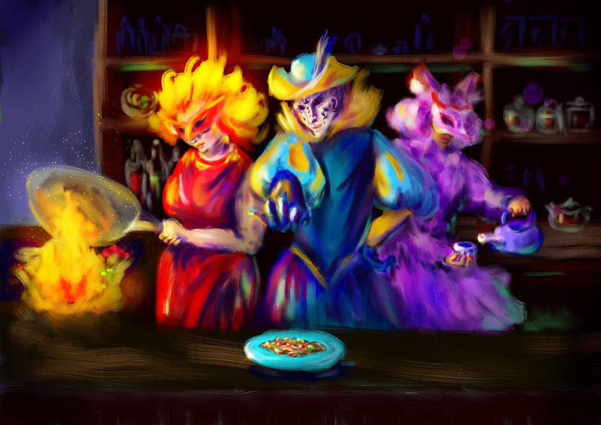A digital painting depicting three fairies, one working the wok, one reaching towards you, one making tea. They are handling a noodle stall, a bowl of noodles is in front of them.
