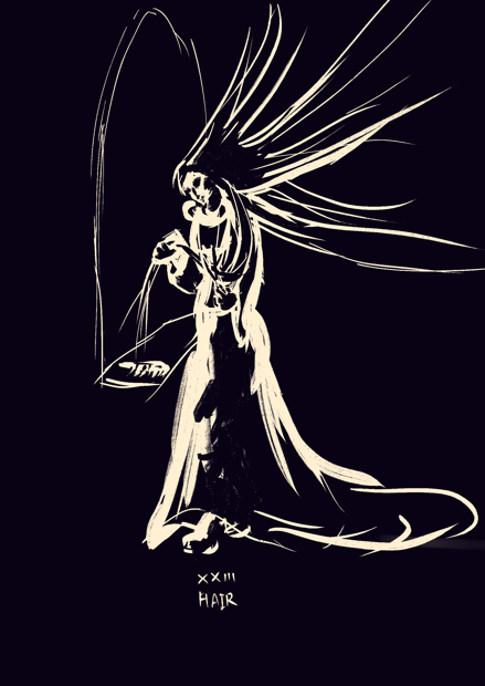 A digital linocut-style artwork of a woman in a tower, standing at the window. Her hair is extremely long, they are going upwards to the outside of the frame. She is cutting one strand of this hair with scissors. Below, the roman numbers 23 and a word 