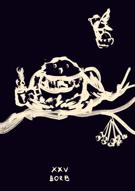 A digital linocut-style artwork of a round bird in a scarf, sitting on a branch with a cup of hot beverage. Above, another bird is flying, carrying a basket. Below, the roman numbers 25 and a word 