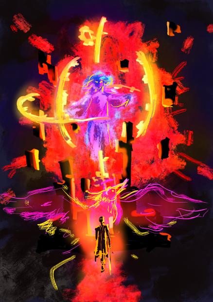 A digital artwork of an exploding tower. Among the flying rubbish, there are broken gears surrounding a blue figure with flowing hair and clothing. From this explosion, a man walks with a sword in hand, lit from the back. A phoenix contour is visible in the air behind him.