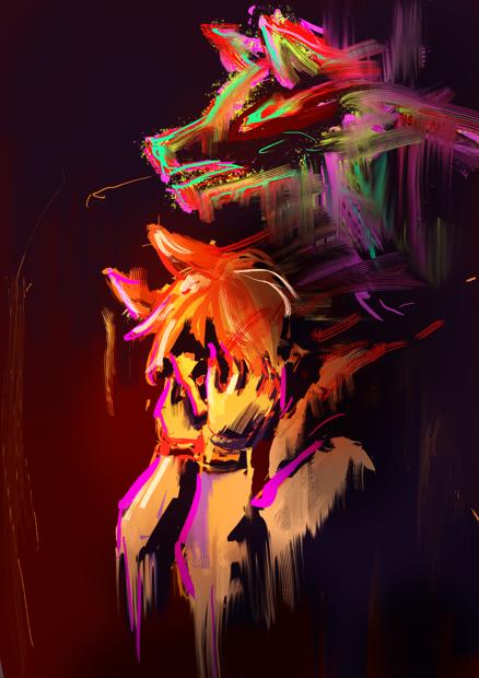 A digital artwork of a person with fox ears seen from his side holding his head. Above the head is a contour of a fox head in neons.