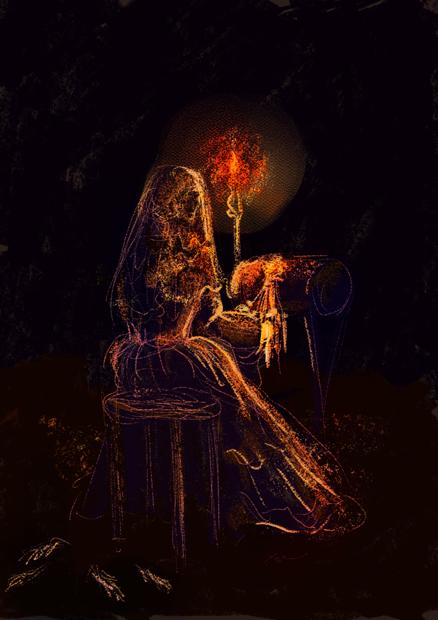 A digital sketch of a veiled woman sitting with her back towards us making bobbin lace in a room lit by a single candle. There are some feathers on the floor.