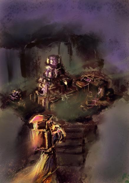 A digital pastel drawing depicting a damaged temple styled after indian architecture viewed form the surrounding cliffs. On the foreground there is a silhoette of a man in long robes with a backpack, looking down on this view, standing at the beginning of descending stairs.