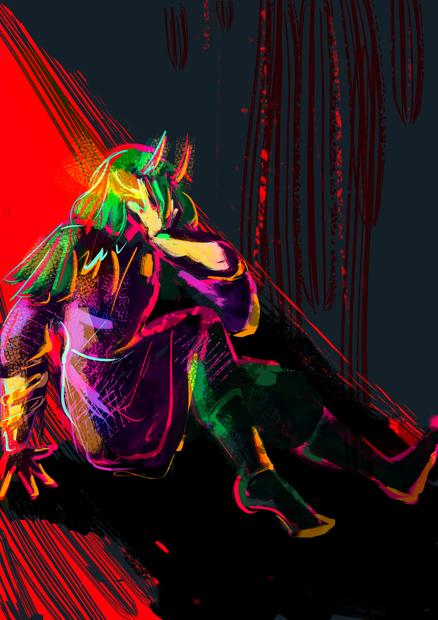 A digital painting in bright coloura of a man with horns sitting on the floor, face covered with hand aside from a birning eye.