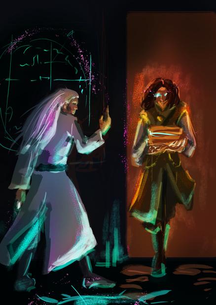 A digital painting of two people, one is exhausted from making some arcane calculations on the blackboard, grabbing its edge to steady himself, other is entering the room with a new stack of books. On the floor there are some glowing ritual signs.