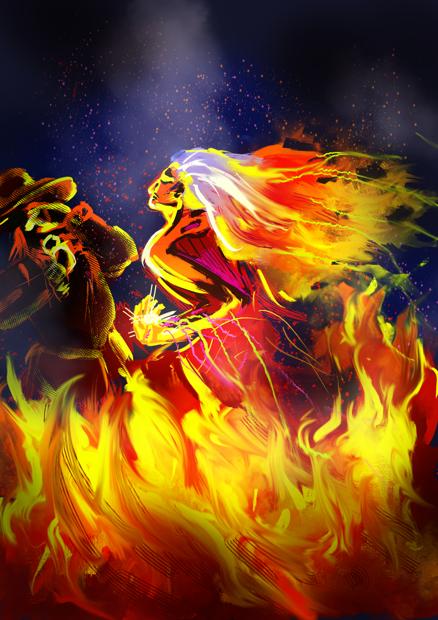A digital artwork of a woman, whose longbdress and grey hair are on fire, in all-consuming flash of rage, and a man covering his face, cornered by her, panicking and screaming.