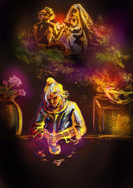 On the bottom of the image, an old man blends spices with mortar and pestle, surrounded with a vase of peonies and a wok on a stove. The smoke from the stove creates an image of a man giving a bowl of food to another man, the second one is covered with a blanket.