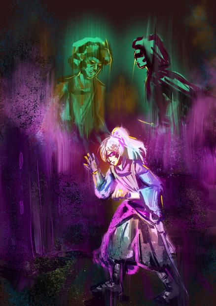 A digital art of a young woman in distress, leaning on the wall, holding something golden in ger palm while having a distorted vision of a woman going to hurt an elderly lady with a siringe. The whole scene feels shaky.