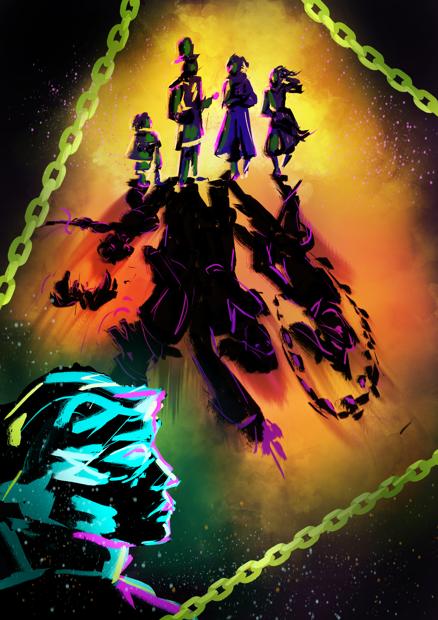 A digital painting where masked man observes a chatting group of four from the corner - a halfling, a man in a top hat, another man, and a woman. The group is lit from the back, casting the shadows of their future, more powerful selves - above halfling there is a bird of prey, man in a hat has a fox head, another man throws something burning and a woman has a floating chain above her head, she an halfling attack with rapiers. The image is framed with chains.