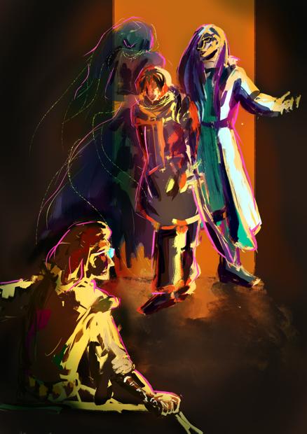 A digital artwork, where a young man is led into a dark room, accompanied by a tall man that invites him in and a phantom of a woman. In the room, a sitting man wearing glasses looks at them.