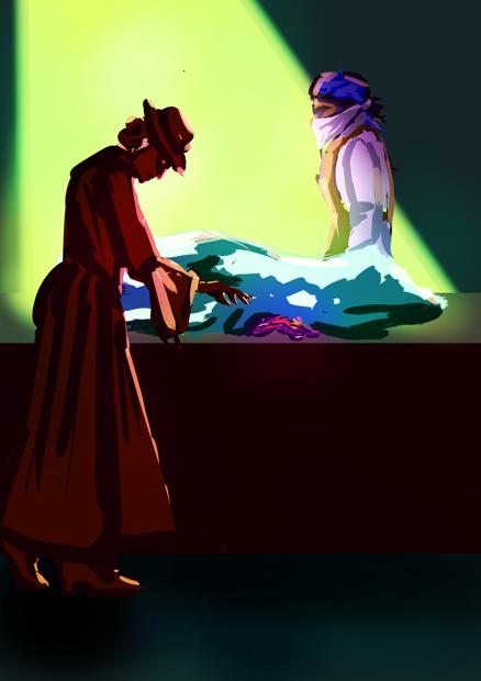 A digital painting depicting a corpse under a cover, with only a burnt hand wearing a ring visible. In front, a silhouetted woman is reaching with her fingers towards that hand, behind there is a forensic specialist waiting.