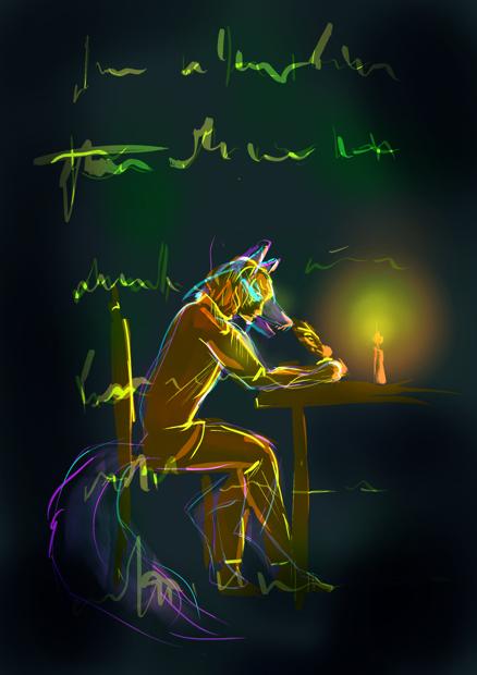 A digital artwork of a man writing by candlelight. The man has countours of an antropomorfic fox around him. There is writing all over the image.