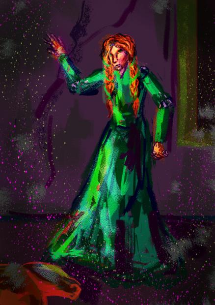 A digital painting of a woman with a construct ball joint body walking through a coridor leaning on the wall. On the floor, there is a non-functioning construct.