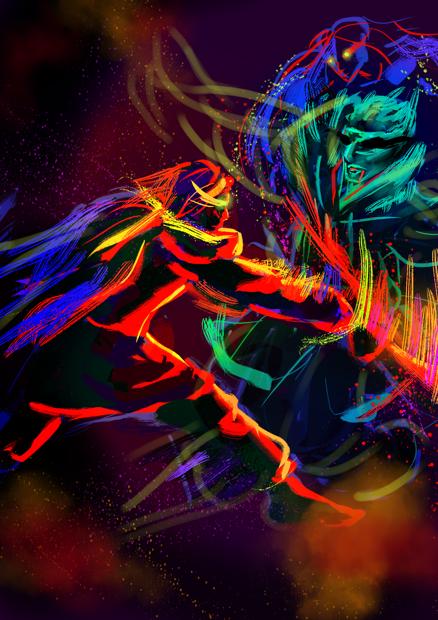 A digital artwork of a man slashing another man\'s chest with a blade. Behind the second man is a ghostly woman.