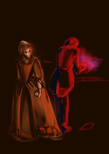 A digital painting of a woman walking awsy from a man that is reading some book, surrounded by scraps of paper.