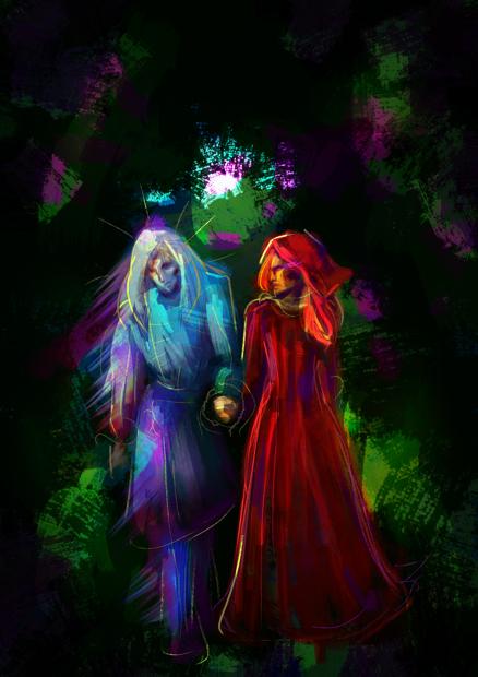 A digital painting of a woman helping a pale exhausted man to walk through an overgrown garden.