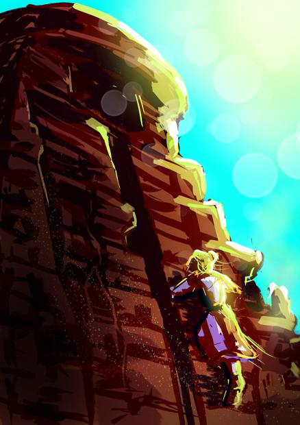 A digital artwork of a man climbing a tower wall under scorching sun.