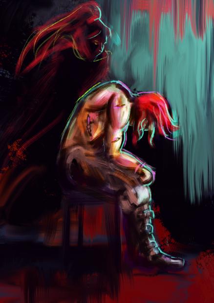 A digital painting of a sitting muscular man, his head lowered tiredly, his naked torso showing several scars. A ghostly woman hovers above him.