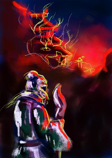 A digital sketch of an old man leaning on his staff and looking at an abandoned mountain temple that looks overgrown with naked branches. The image is lit by a vibrant sunset, that almost looks like fire.