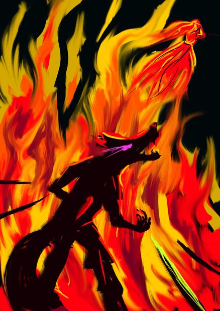 A digital sketch of a screaming fox shape-shifter, surrounded by fire and blades. In the corner, there is a female figure, escaping the carnage. Fox\'s teeth and claws are covered in blood.