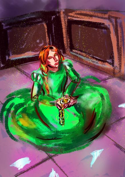 A digital drawing of a woman with a construct body sitting on her knees on the floor, dress pooling around her, holding a medallion, surrounded by shards of glass.