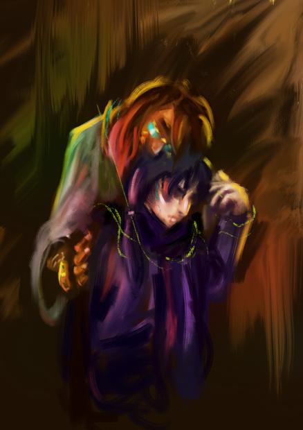 A digital painting of a man sitting, his side towards us, and another man leaning down to press his cheeck into first man\'s hair.