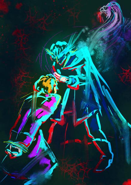 A digital sketch of two men, one on his knees, tied, struggling, other bending towards the frist sinisterly, touching his forehead with two fingers. The magic from these fingers coalesces into a figure of a woman.