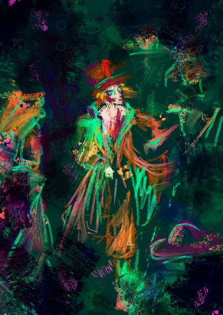 A man in a top hat walking through a crowd. Everything is bright, messy, almost psychodelic.