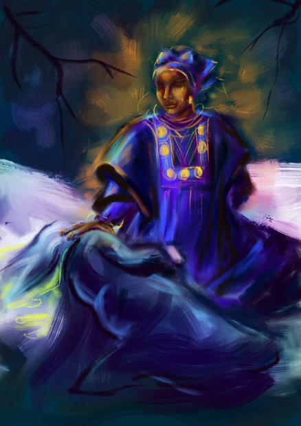 A digital painting depicting a woman laying in the snow, with other person kneeling at their side, touching their face, sending her in her last journey. The person is slightly glowing.