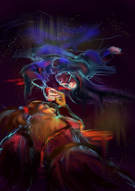 A digital painting of two dead women, covered in wounds, lying on the ground, still holding hands tenderly even in their death.