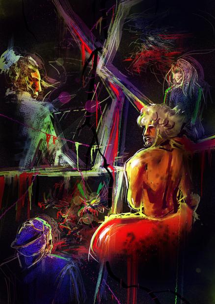 A digital artwork depicting an elderly man, sitting in a lotus pose, observing the events in the shards of reality - a woman looks on her friends dead, a man looks back at him, a person faces a hoard of demons. Blood seeps between the shards and from strings intertwined around them, as well as strange liquid. All but the observer are distorted by filters.