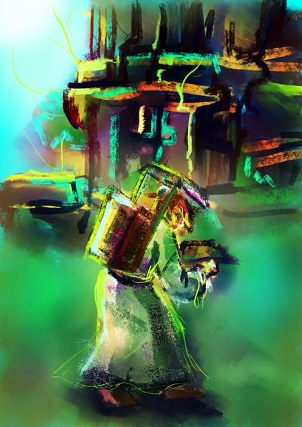 A digital pastel art of a man with an ancient chinese- style backpack picking up something from the grass among temple ruins.