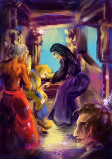 A digital painting of a group of four on the balcony. In the center, a halfling and a woman are sitting opposite to each other, woman consoling the halfling. Another man approaches him, patting his shoulder jn support, while the last man is closer to us, just entering the frame.