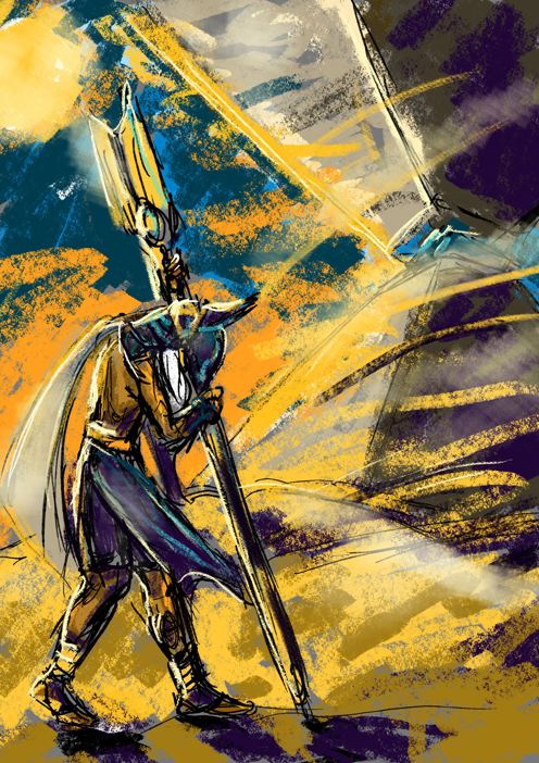 A digital pastel drawing of a man (Cyno from Genshin Impact) wearing a jackal head-like hood. He is standing in the desert, exhausted, leaning on his spear, head lowered, legs unsteady. In the background there is sand, bright sun and a pyramid. The rough strokes of the brush are made to imply sand in the wind, the whole colour scheme (bright blues and golds) is invoking scorching sun feeling.