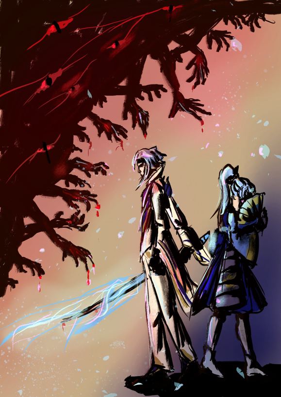 A digital drawing made in rough style with intense dark graphic shadows, depicting two young people in the right bottom corner of the painting. On the left, there is a young man (Ayato from Genshin Impact). He is standing facing to the left, with a katana covered in water swirls in his right hand, some blood dripping from it. He wears a light suit, his hair is chin-length and light-blue. On the right stands a girl (Ayaka from Genshin Impact), she is facing to the right, face covered with a fan. Her dress is knee-length, her hair is in a high ponytail. The top left corner is covered with an abstract mass of hands that are trying to reach the siblings and red creepy eyes. Blood is dripping from the fingers. Between people and this mass, there are blue petals falling in the air.