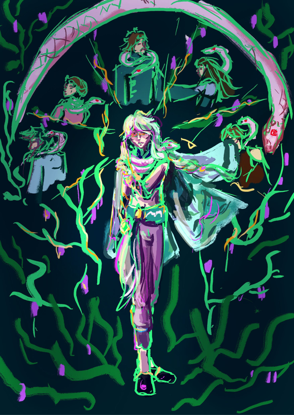 A digital sketch of a man (Baizhu from Genshin Impact). He is standing still in the centre of the image, left hand bent in the elbow so that his hand is at his right shoulder, with index and middle finger pointing up. He wears elegant glasses, his green hair is in a long braid. There is a white snake on his shoulders. He wears a teal jacket on his shoulders, that is blown to the right, a dark crop-top, purple leggings and dark shoes.The background around his head is filled with image-width half-circular shape, formed by a white snake. It is split into five segments depicting people with white snakes on their shoulders. From left to right - A dark-haired young man in a teal coat looking to the left. A woman with dark hair in a bun in a pink dress looking at us over her shoulder. A middle-aged man with broun hair and moustache in blue jacket, looking at top right corner. A woman with long lose dark hair in blue dress looking to the left. A man with brown hair and brown jacket, most of the face is not visible. All the remaining space is filled with plant vines with violet flowers.