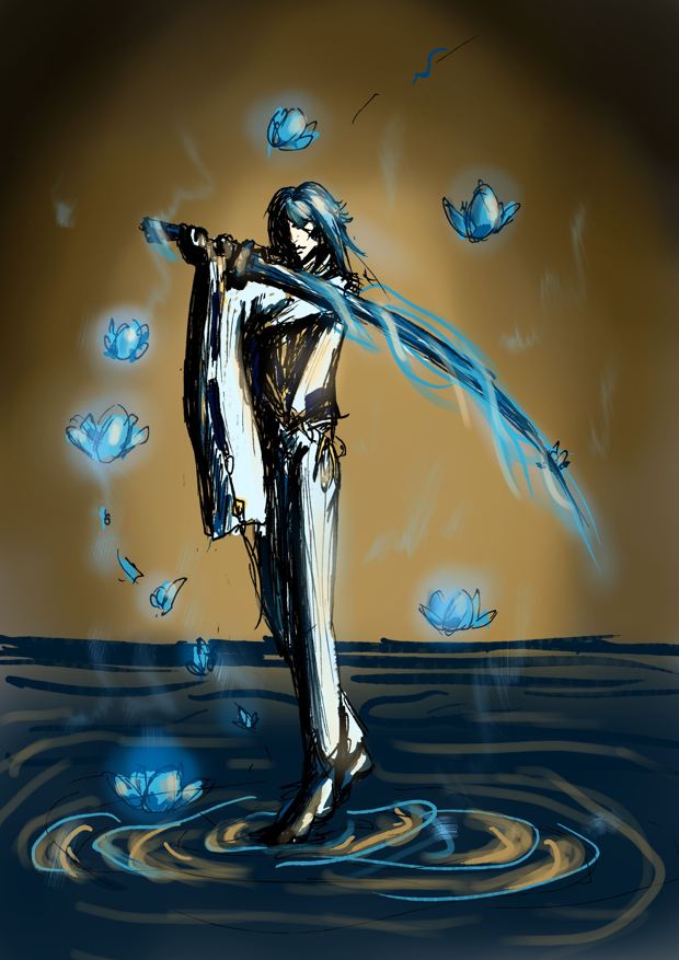 A digital sketch of a young man in light clothes with ear-length light-blue hair (Ayato from Genshin Impact). He is holding his sword with both hands, pointing it to the right. His clothing is a suit with some Japanese elements, such as styling of a sleeve. He is standing on a rippled water surface with blue flowers falling on it. The shadows on this image are rather deep and dark.