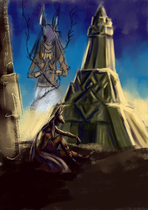 A digital pastel drawing of a man (Cyno from Genshin Impact) in a jackal head-like hood. He is sitting on the ground, facing to the right, one elbow resting on his knee. Behind him, one can see a tall obelisk-like building and in the sky there is a fresco-like figure of a man that looks like Cyno, wrapped in thorned vine. The colour scheme is light yellow and deep blue to create a more relaxed dawn or dusk atmosphere.