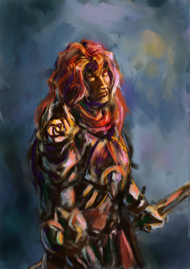 A digital painting of a man (Argenti from Honkai Star Rail) in armour. He has long red wavy hair with one white streak on the left side of his face. He is standing turned three quaters to our right, glance down, we only see the eyelids, head slightly tilted to our left. He holds a spear in his left hand which we only partially see. His armour is ornate and has a rose on his shoulder. He wears some sort of red scarf. The image is done in a painterly style.