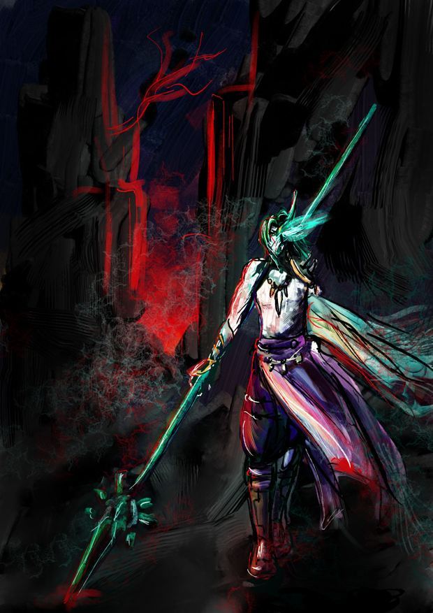 A digital image stylized like pastel drawing. In the right bottom corner there is a young man (Xiao from Genshin Impact). He is stamding facing us, clothing flowing, spear in his right hand pointing downwards. Left half of his face is covered with a horned mask with a glowing eye. He has shoulder-length hair, wears lose dark pants and fitted sleeveless top, accessuarized with flowing fabrics and colourful jewelry. The background has blood-red dawn between dark cliffs.