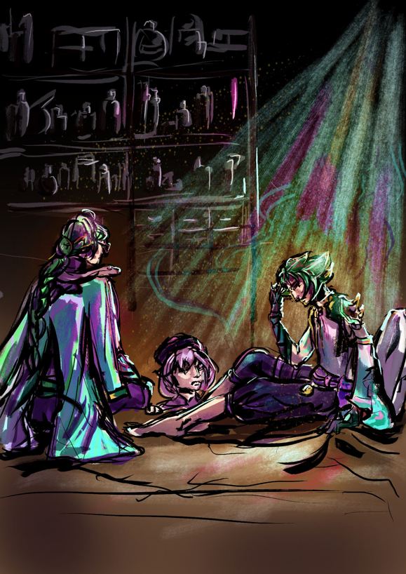 A digital ink drawing of three people. There is a bed in the front. On the left, a tall man with long green braided hair (Baizhu from Genshin Impact) is sitting, his back towards us, he is looking to the right, hands on his knees. He wears glasses, his teal coat is just thrown on his shoulders, he has a white snake around his shoulders, looking to the right. They are looking at a shorter man (Xiao from Genshin Impact) sitting on a bed with his feet on it. He is facing to the left, his left hand is on the sheets, slightly clenching them, his right hand is at his face, as if in pain. He wears a form-fitting sleeveless upper garment with a separate flowy colourful sleeve on the left hand, and dark loose pants, there is various juwelry on him. His feet are bare, his dark greenish hair is short, but long enough to be messy. Between them we can see a face of a little girl (Qiqi from Genshin Impact), barely tall enough to reach the bed, she has chin-lenght light purple hair and wears a hat. They are lit from behind with a beam of moonlight, the background is a sketch of a medical cabinet. The coulours of the highlights are vivid and almost neon, but the image is relatively dark.