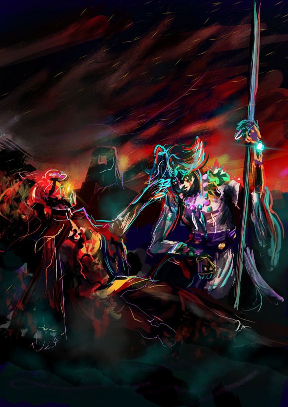 A digital pastel drawing of a young man (Xiao from Genshin Impact) kneeling over a body of a young girl (Qiqi from Genshin Impact) with a crane  (Mountain Shaper from Genshin Impact) also looking at her. The young man is standing on his right knee, facing slightly to the right of the image. His back is bent, his face is lowered, his right arm is helplessly hanging while his left hand with a shining turquoise gem on the wrist (a Vision) is stretched over the girl, emmiting some teal whisps. His dark messy shoulder-length hair with several turquoise longer strands is fluttering in the wind, his golden eye is depicted by a pupil-less dot with empty stare. He wears white sleeveless fitted top and lose dark pants, high boots and long gloves, purple sash and long separate turquoise and red sleeve on the left hand, he has a green tattoo on the right shoulder and wears a necklace. There is blood on his face and sleeve, some is also dripping from his right hand. The girl in short blue and purple dress and blue shorts is lying stillon the white and purple flowers with her hands crossed on her chest. A shining cyan gem (also a vision) is lying on these hands. Her hair is light purple, with long bangs and long braid. Her eyes are closed. The crane is standing in the top right corner of the image, looking down at the girl. His head has red and gold accent, his neck is white, his body is dark. One of his legs is visible, a whisp of golden enedgy is  going from it. His golden eye is also glowing. The background has a high cliff on the left side, and red sunset in the sky.
